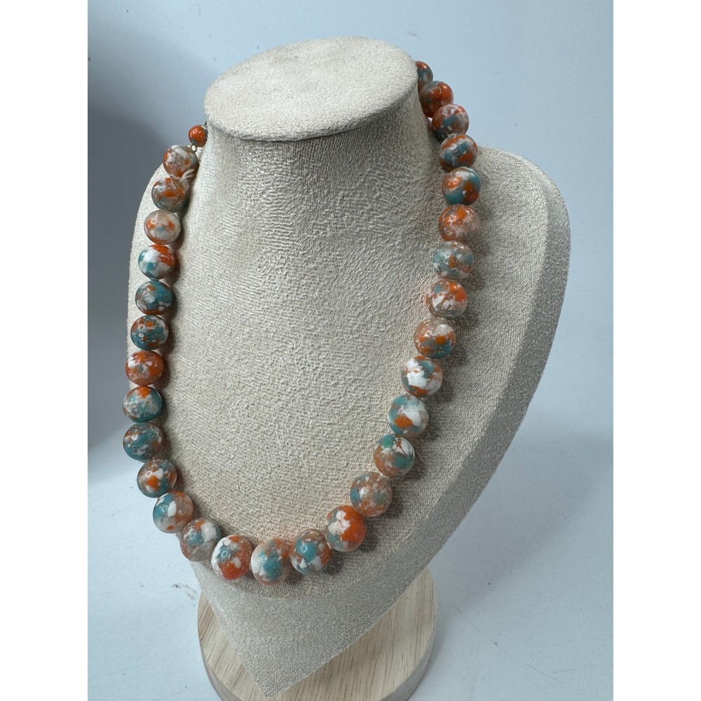 Vintage West Germany Marbled Resin Bead Necklace Orange Turquoise 17 Inch